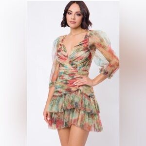 Rosevelvet Tulle Pleated Ruched Mini tan Double Ruffle dress size 2X